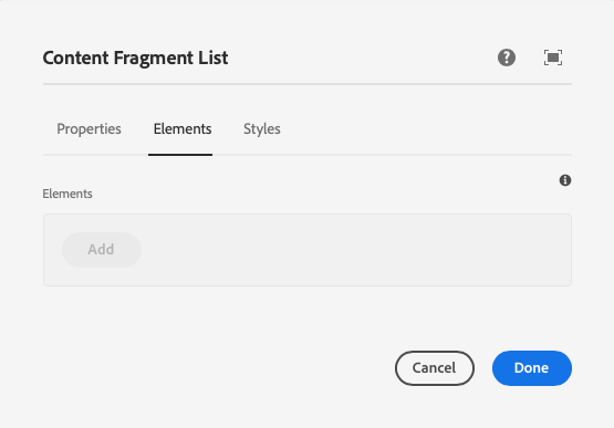 Elements tab of the edit dialog of the Content Fragment List Component