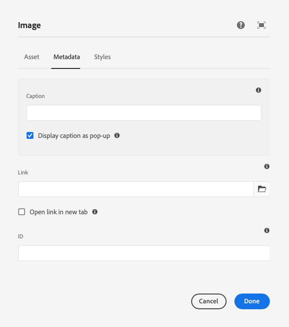 Metadata tab of the Image Component's configure dialog