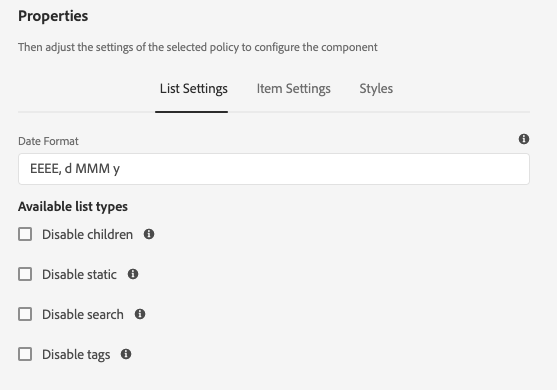 List Component's design dialog list setting