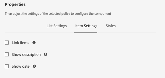List Component's design dialog item settings