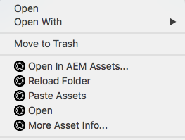 Context menu options to access and open assets using Experience Manager desktop app