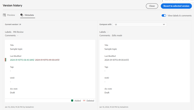 Metadata difference for versions