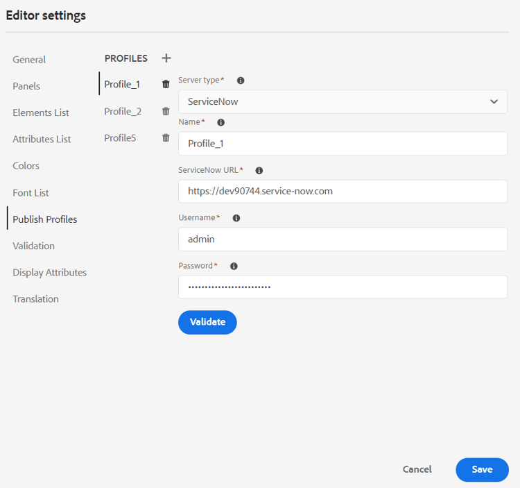 ServiceNow publish profile