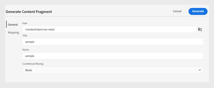 Add the fragment model and mapping details in the Publish as Content Fragment dialog