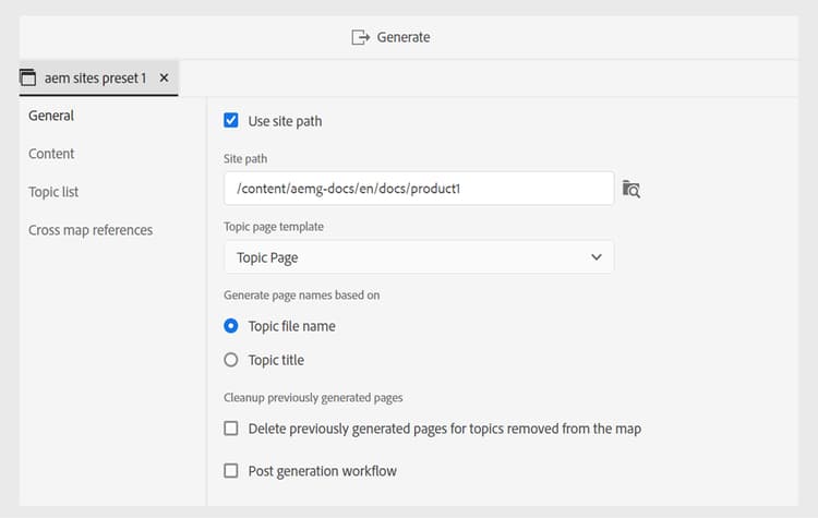 aem sites preset settings