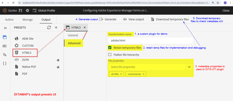 Configure output preset for a map to pass metadata