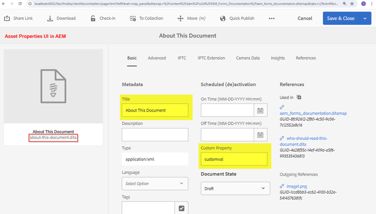 Set properties in metadata editor for an asset