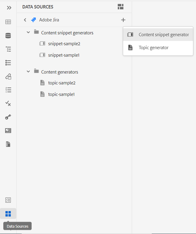 Data sources list in the panel