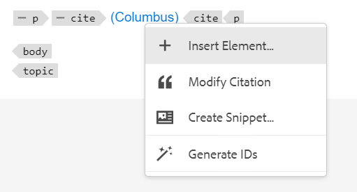 shortcut menu of a citation