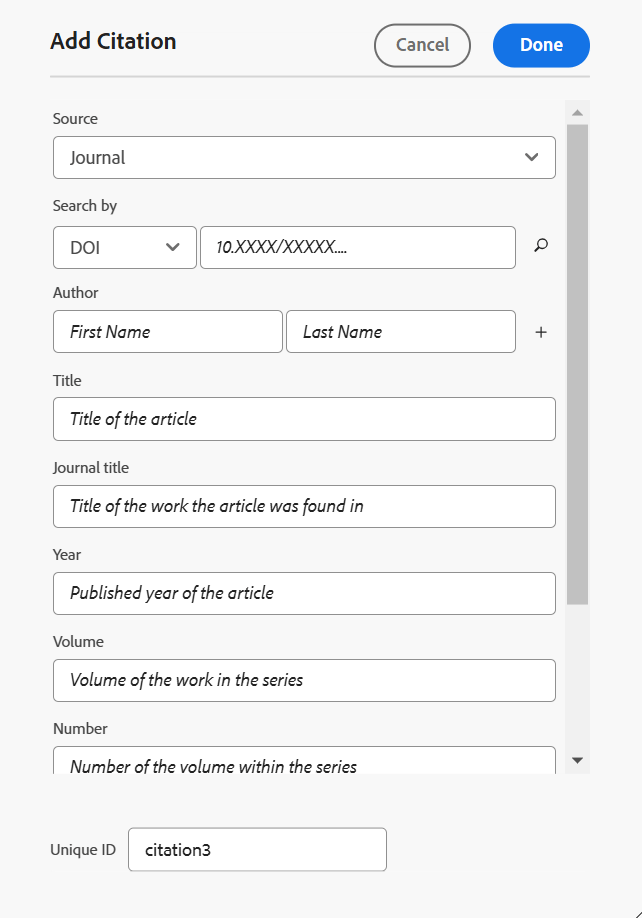 citation panel in the web editor