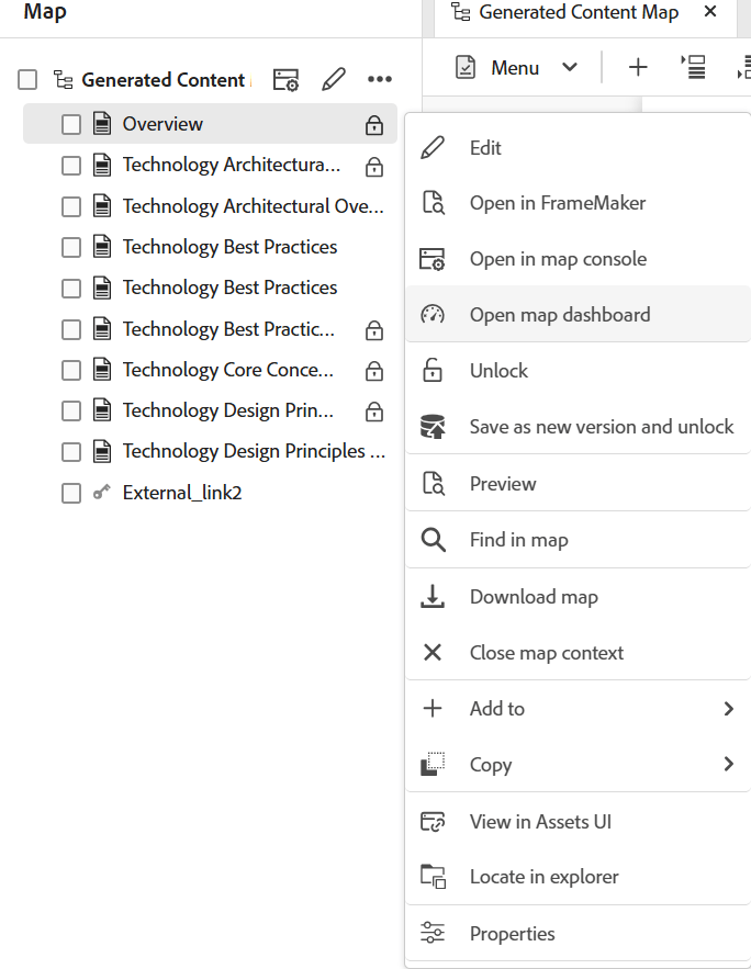 Options menu in Map view