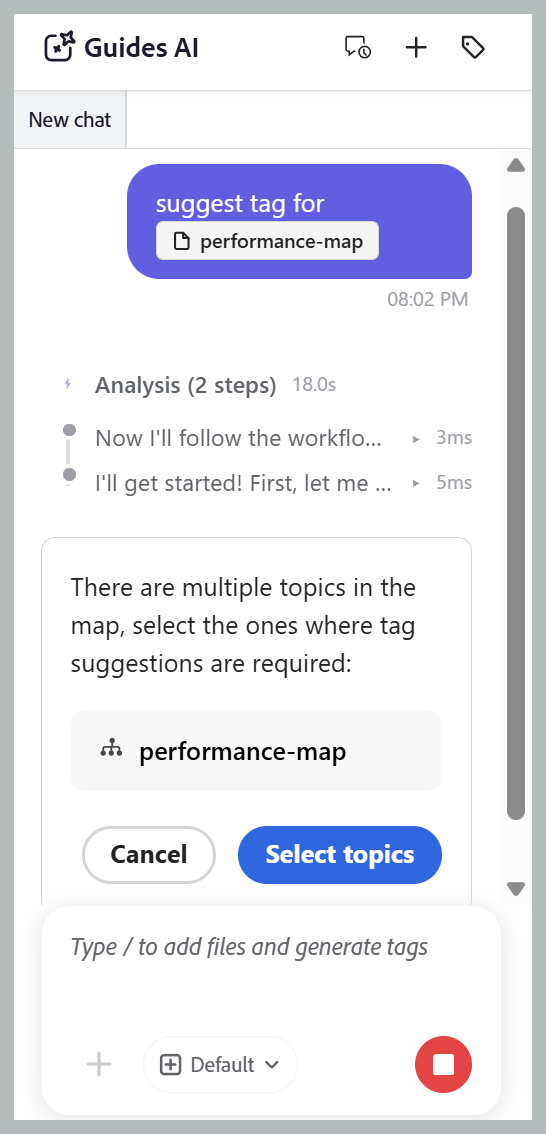 Guides AI bulk tagging while selecting topics