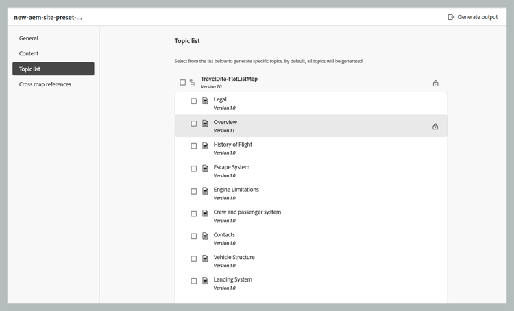 aem sites topic list with baseline