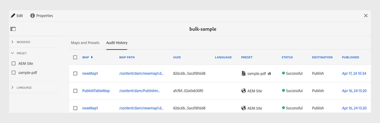 created bulk activation collection audit history tab