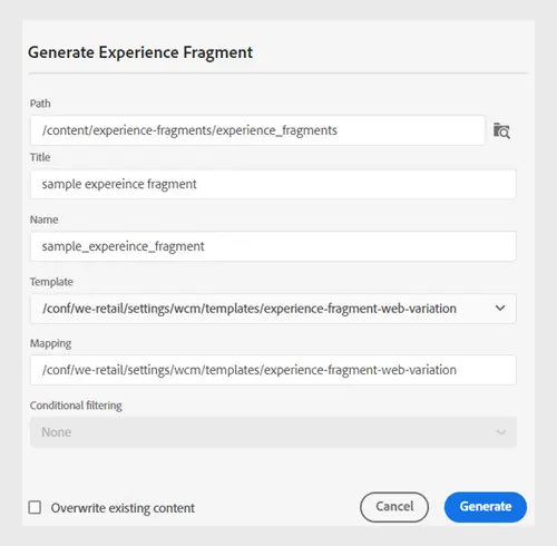 Add the fragment model and mapping details in the Publish as Experience Fragment dialog