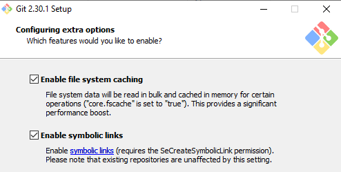 Showing GIT installer showing support for symlinks