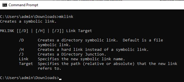 Picture of Windows Command Prompt showing the help output of the mklink command
