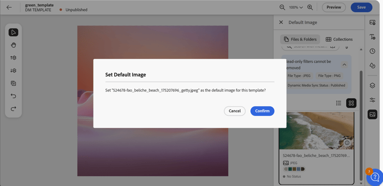 Confirmation dialog for removing the default image