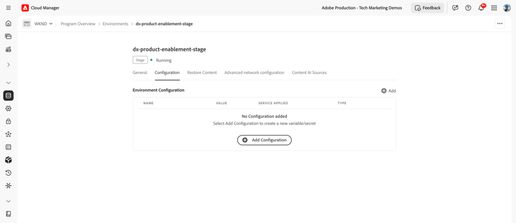 Cloud Manager Configuration tab