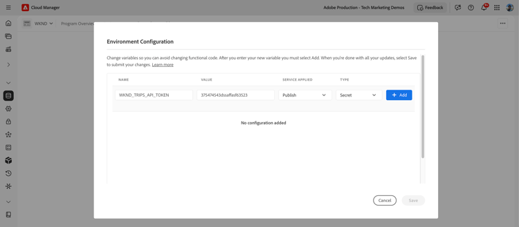 Cloud Manager Environment Configuration modal