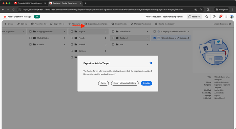Export Experience Fragment to Adobe Target