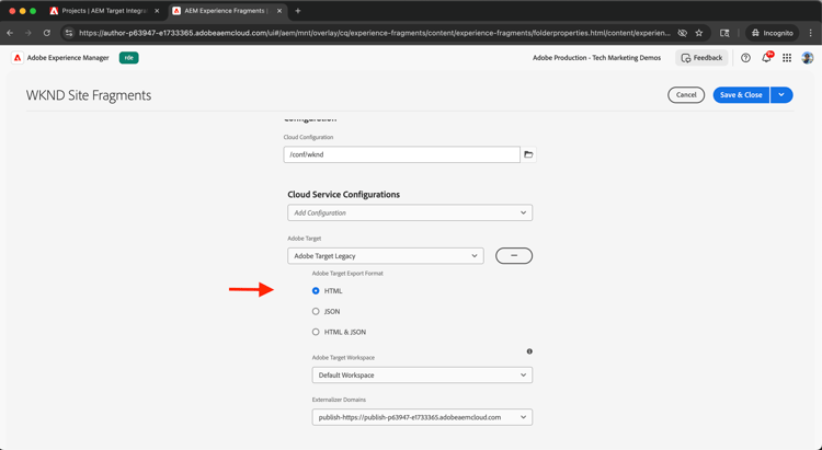 Experience Fragments Adobe Target Configuration