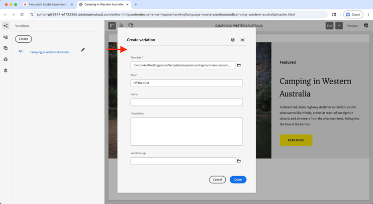 Create Variation Dialog