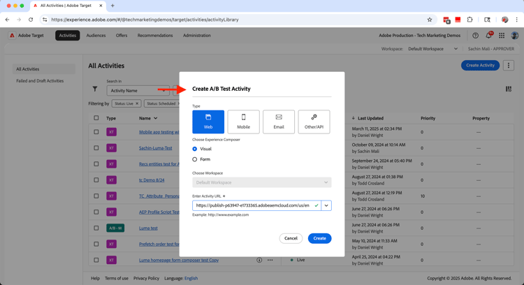 Create A/B Test Activity