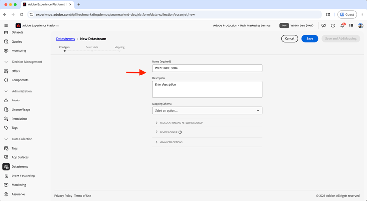 Enter Datastream Name