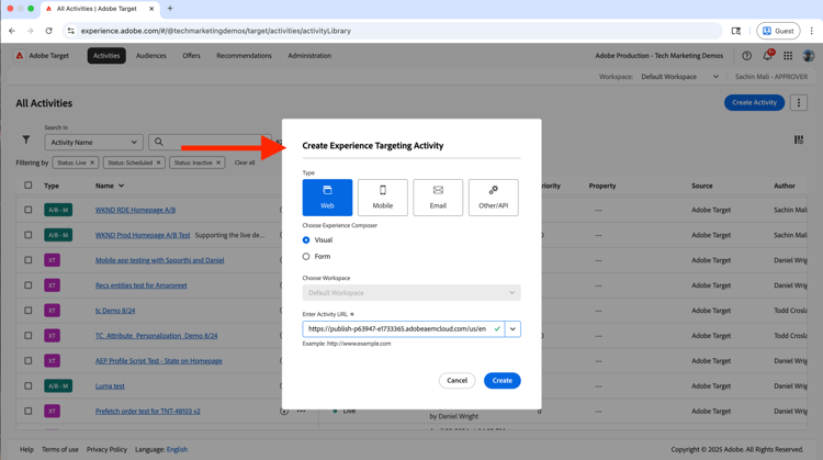 Create Experience Targeting Activity