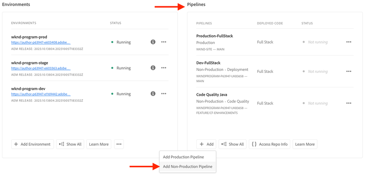 Cloud Manager Pipelines card