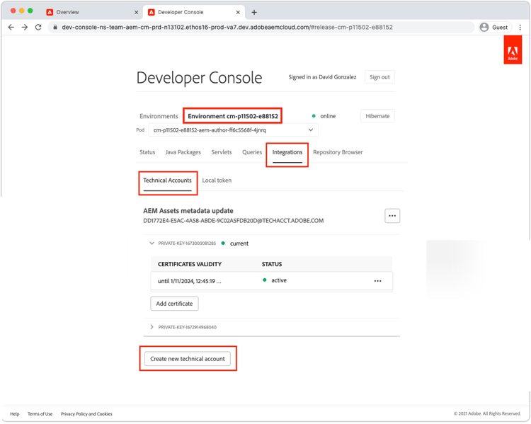 AEM Developer Console - Integrations - Get Service Credentials