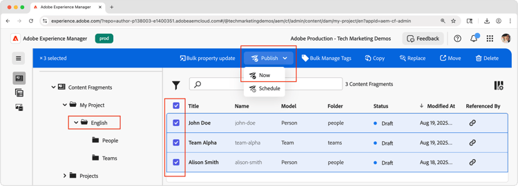Select Content Fragments to Publish