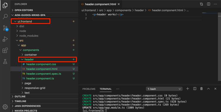 Header Component Path in the IDE