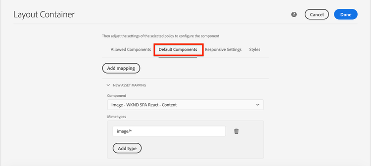 Set default components