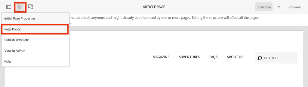 Article Page Template Menu Page Policy