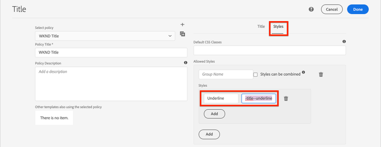 Style policy configuration for title