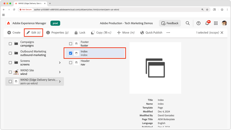 Open a page in Universal Editor