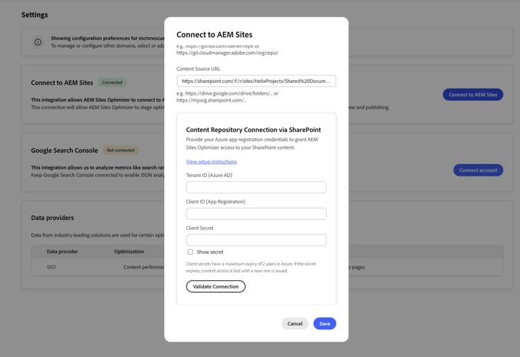 Connect to AEM Sites dialog showing the SharePoint credentials fields
