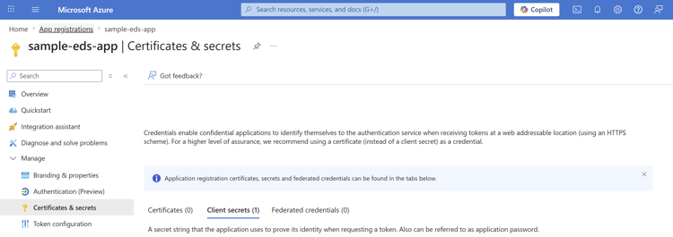 Azure Certificates and secrets page for the app registration