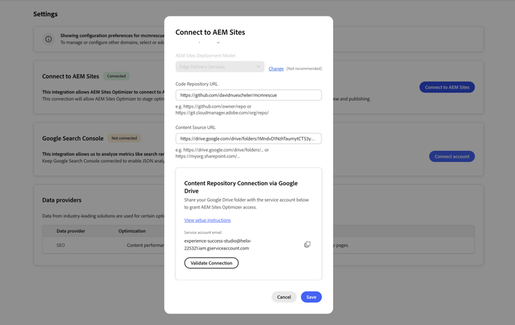 Connect to AEM Sites dialog showing the Google Drive service account for sharing access