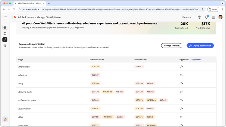 Auto-identify core web vitals