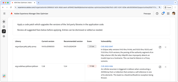 Auto-suggest website vulnerabilities