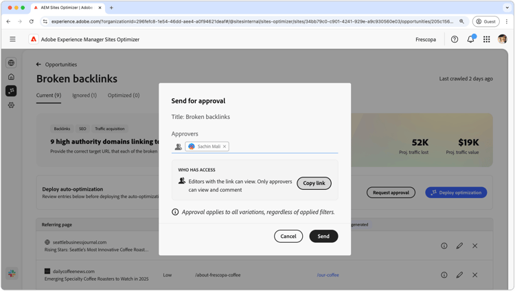 Request approval of broken backlinks