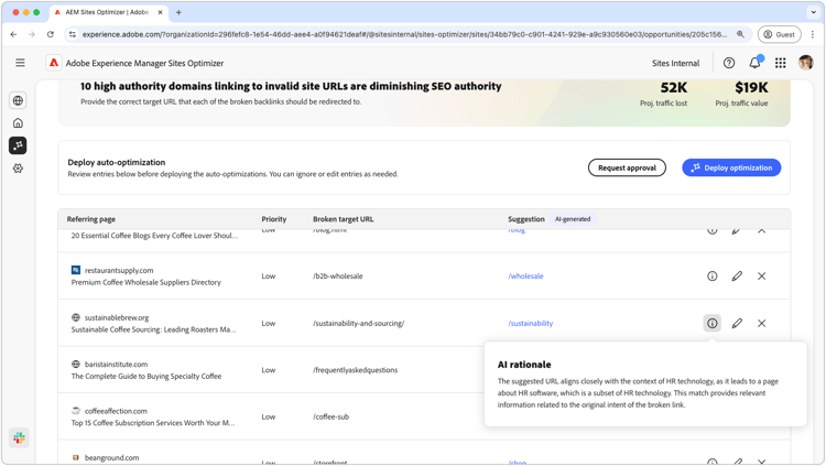 AI rationale on autosuggestion of broken backlinks