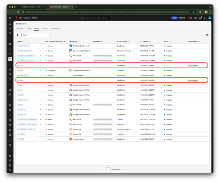 The destinations browse catalog with the actions window greyed out.