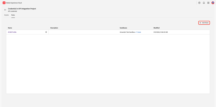 The API credential's workspace with the Add Roles option highlighted.