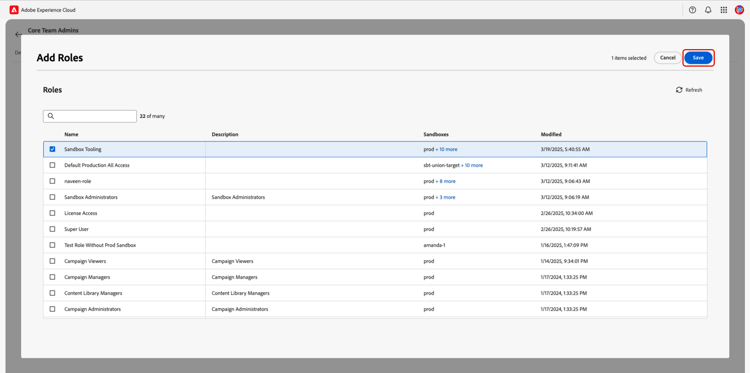 The Add Roles dialog with a role selected and the Save option highlighted.