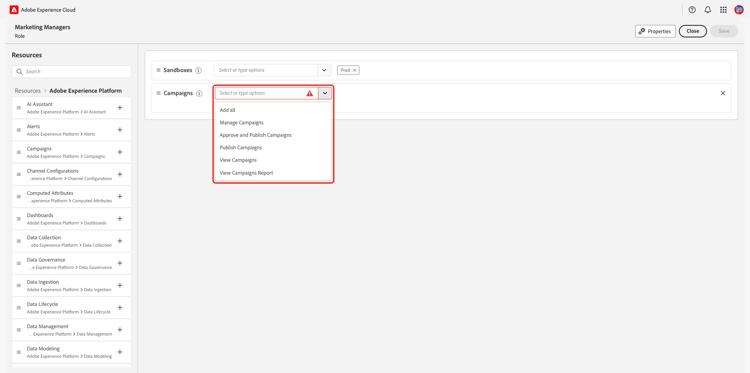 The Resources workspace with an individual resource's dropdown menu expanded and highlighted.