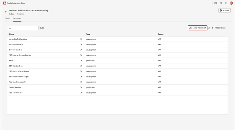 The policy's sandbox tab with the Auto-include toggle highlighted and in the "off" state.